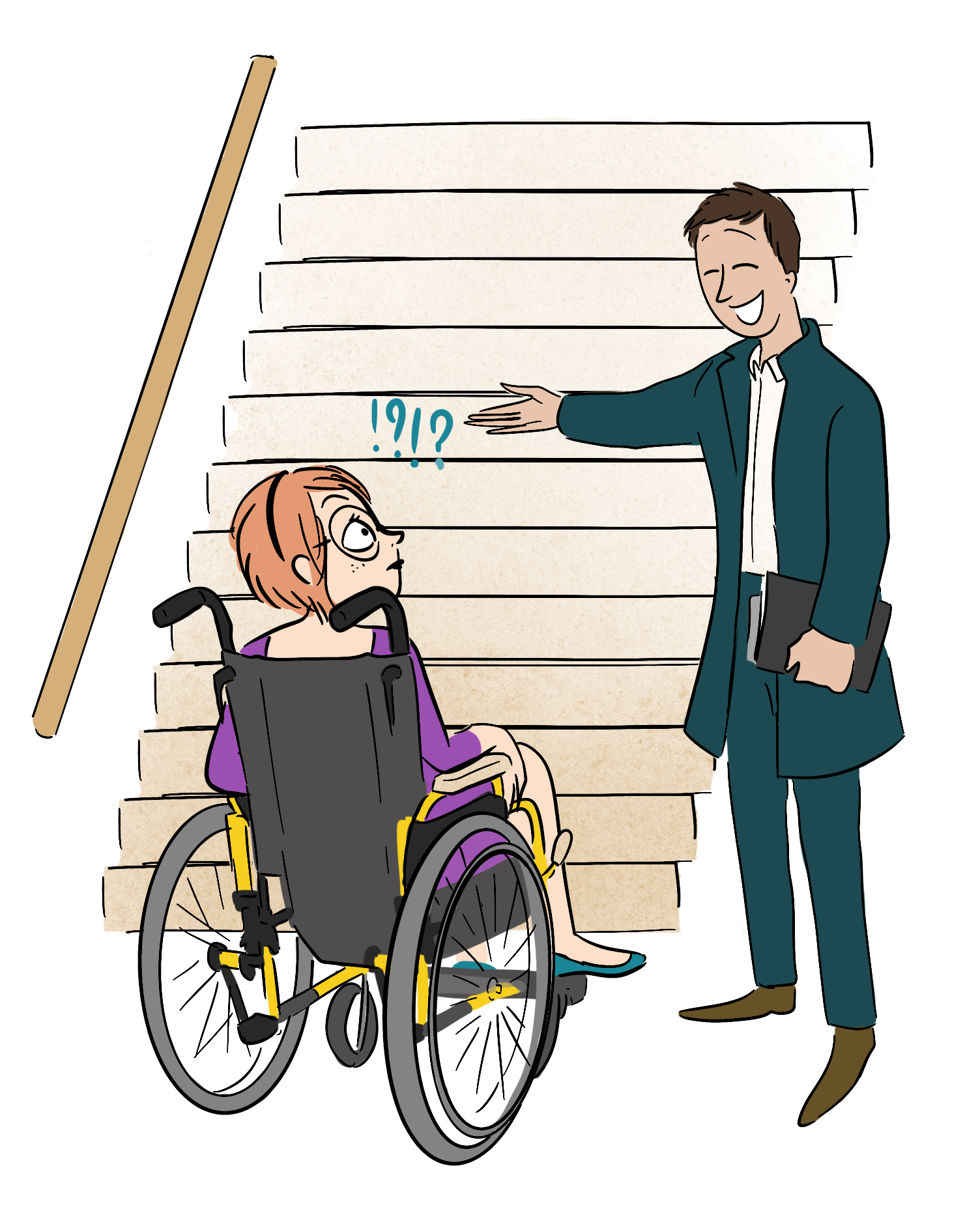 Une femme en fauteuil roulant, perplexe devant un grand escalier qu'un agent immobilier lui présente fièrement