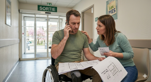 Un homme en fauteuil roulant et sa conjointe cherchent désespérément un logement PMR adapté en urgence pour la sortie d'hôpital.