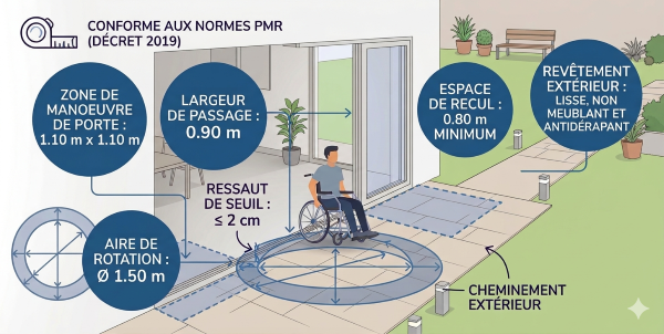 Schéma accessibilité extérieur PMR : seuil de 2cm max, aire de rotation sur terrasse et cheminement lisse pour jardin.
