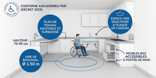 Schéma d'une cuisine aux normes PMR avec aire de rotation de 1,50 m, plan de travail surbaissé et évier accessible en fauteuil roulant.