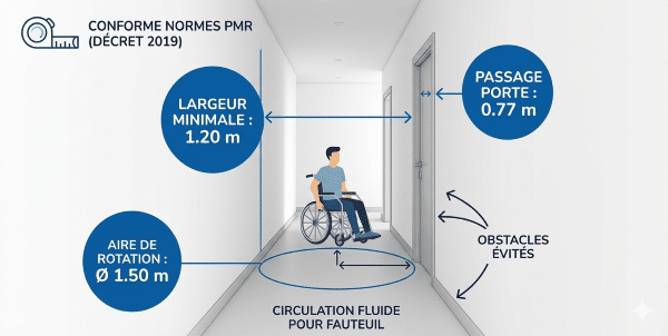 Schéma technique des normes PMR pour couloir : largeur de 1,20 m et aire de rotation de 1,50 m pour fauteuil roulant.