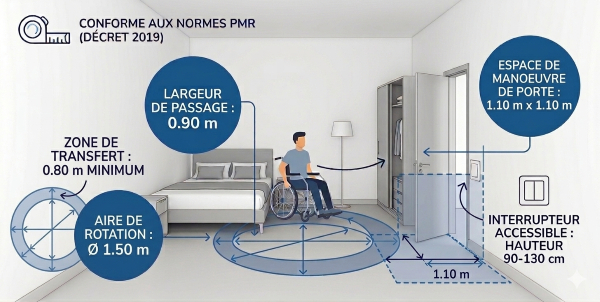 Schéma technique chambre PMR avec aire de rotation de 1,50m, zone de transfert de lit de 0,80m et espace de manœuvre de porte.