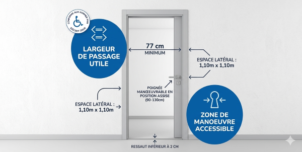 Schéma technique montrant la largeur de passage utile d'une porte PMR de 77 cm et la zone de manœuvre accessible avec un fauteuil roulant.