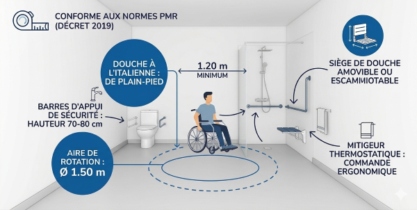 Schéma technique salle d'eau PMR : douche à l'italienne de plain-pied, aire de rotation de 1,50m et barres d'appui de sécurité.