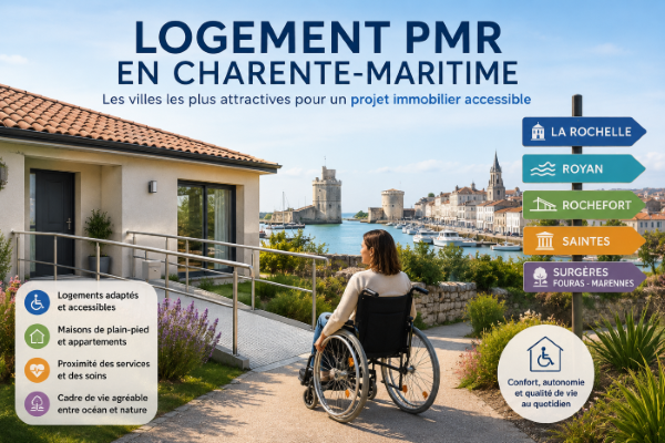 Illustration présentant une femme en fauteuil roulant devant une maison de plain-pied en Charente-Maritime, avec un panneau indiquant les villes accessibles pour un logement PMR.