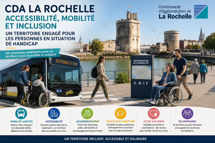 Visuel de la CDA La Rochelle sur l'accessibilité et la mobilité, montrant un bus de transport en commun, des personnes en situation de handicap et les tours historiques en arrière-plan.