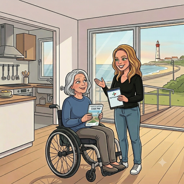 Illustration d'Isabelle Dewitte, présentant l'aide MaPrimeAdapt à une femme en fauteuil roulant dans un logement adapté en Charente-Maritime.