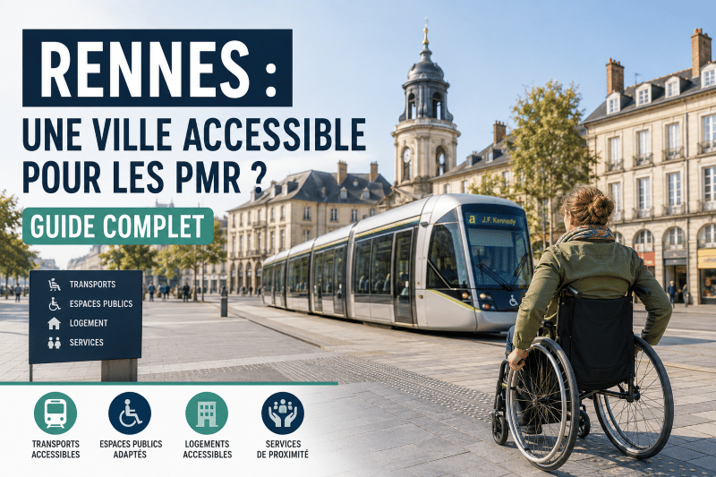 Illustration montrant une personne en fauteuil roulant de dos regardant un tramway moderne circuler dans une rue accessible de Rennes.