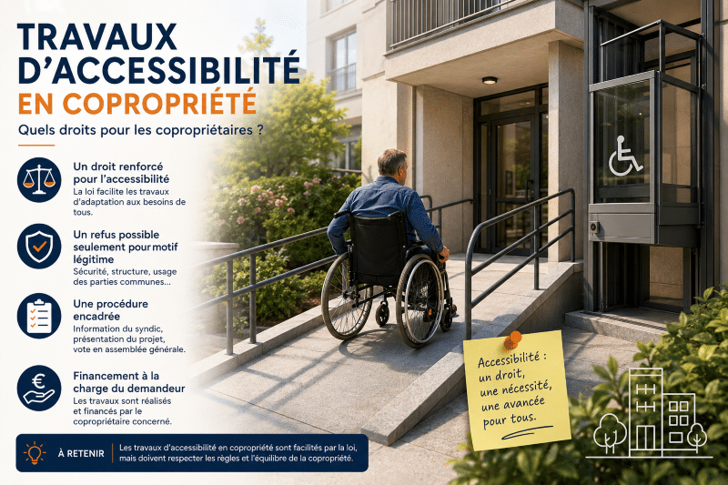 Une personne en fauteuil roulant empruntant une rampe d'accès aménagée à l'entrée d'un immeuble en copropriété.