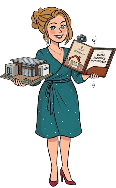 Illustration d'une agente immobilière présentant un projet de logement et tenant un livre ouvert, pour une annonce de vente de logement adapté PMR.