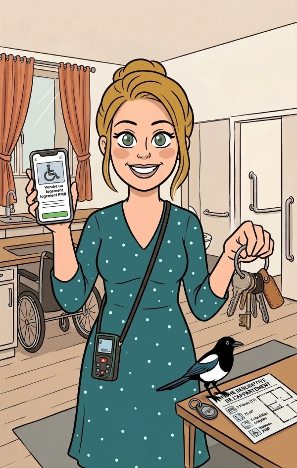 Illustration d'une femme souriante présentant la mise en vente d'un appartement adapté PMR. Elle tient des clés et son smartphone affichant une annonce immobilière, à côté d'une pie posée sur une table basse près d'une fiche descriptive.
